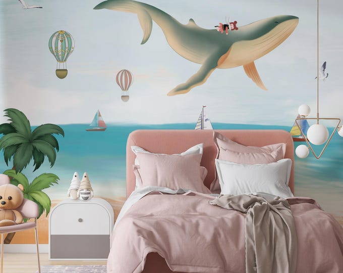 Whimsical Flying Whale Wallpaper Mural: Coastal Nursery Decor