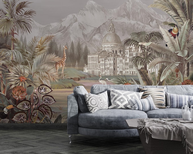 Tropical Jungle Mural: Vintage Hand-Painted Peel and Stick Wallpaper