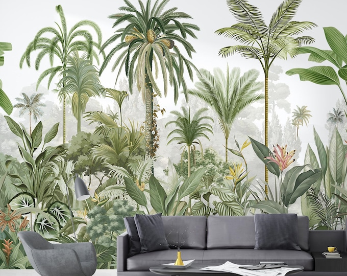 Tropical Jungle Peel and Stick Mural: Exotic Wildlife, Botanical Decor