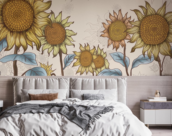 sunflower peel and stick wallpaper,Floral wall art,botanical prints,modern farmhouse decor,self adhesive,affordable,large canvas wall art