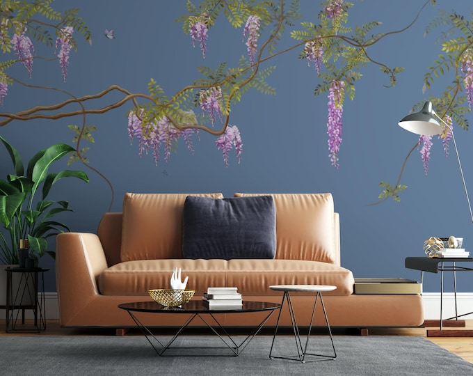 Purple Flower Branch Wall Art: Botanical Peel and Stick Wallpaper