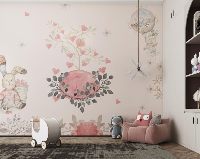 Bunny Wallpaper Mural: Whimsical Pastel Nursery Decor