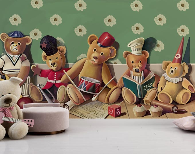 Vintage Teddy Bear Wallpaper Mural: Whimsical Nursery Decor
