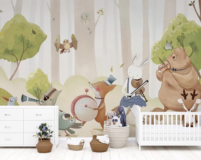 Forest Animal Band Wallpaper Mural: Music Themed Nursery, Playroom Decor