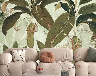 Tropical Botanical Peel and Stick Wallpaper Mural: Vintage Green Leaf Design