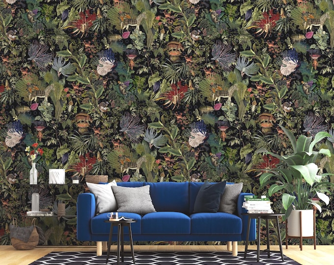 Botanical Peel and Stick Wallpaper: Lush Plant & Mushroom Wall Decor