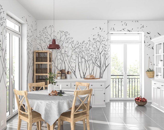 Minimalist Tree Wallpaper, Nature-Inspired Bird Mural, Scandinavian Home Decor,Black & White mural
