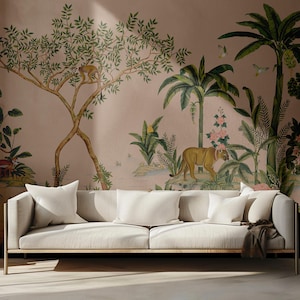 tropical jungle wallpaper, hand-painted, animal-filled, forest wallpaper, bedroom wallpaper, wall mural safari, peel and stick wallpaper