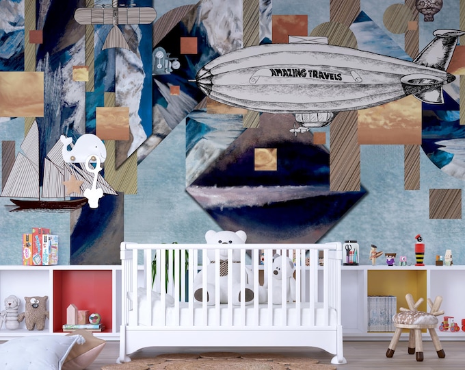 Vintage Travel Collage Wall Art: Airplane, Ship, Geometric Mural