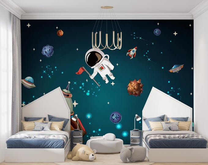 Cartoon Astronaut Wallpaper Mural: Kids' Space Adventure Decor