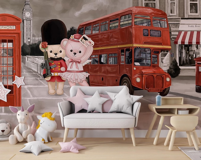 Teddy Bear London Mural: British Nursery Wallpaper, Peel and Stick