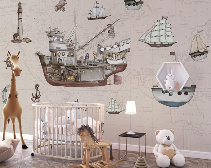 Nautical Ship Mural: Vintage Map, Sailboat & Lighthouse Kids Room Decor