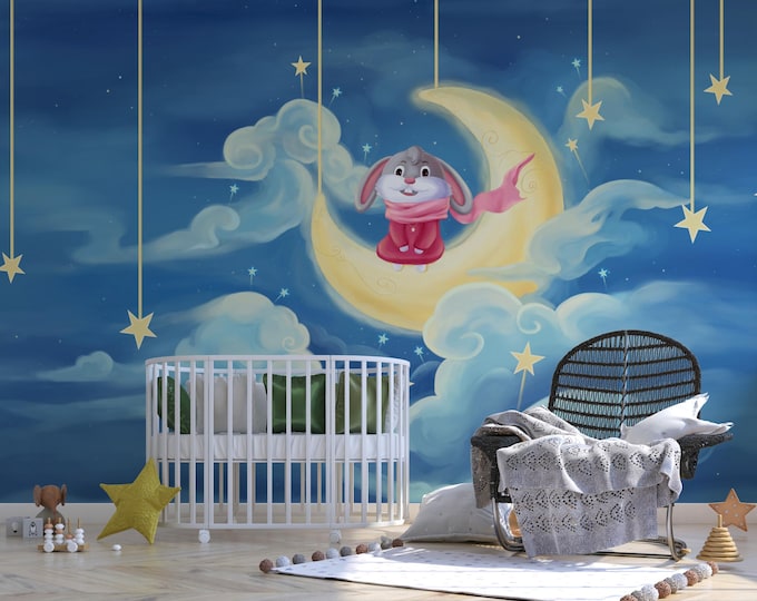 Bunny on Moon Canvas Print: Pink Scarf Rabbit, Nursery Wall Art