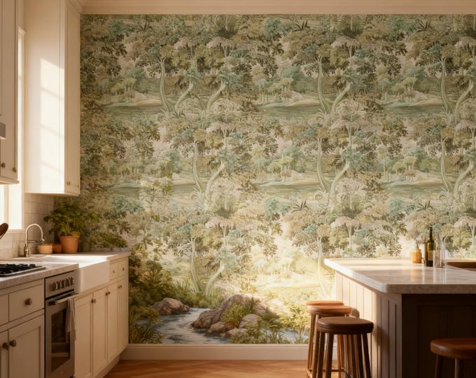 Vintage Green Forest Wallpaper Mural: Botanical Peel and Stick