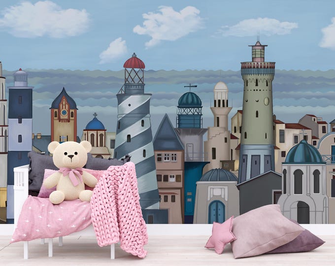 Coastal Lighthouse Wallpaper Mural: Nautical Cityscape Accent Wall