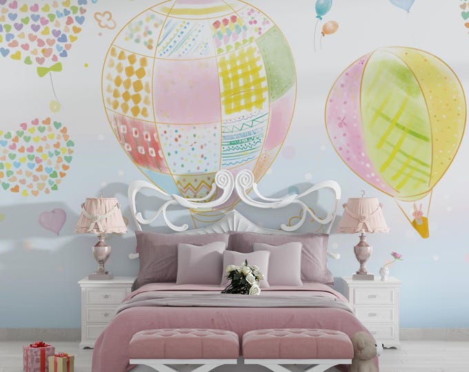 Hot Air Balloon Wallpaper Mural: Pastel Hearts, Kids Nursery Decor
