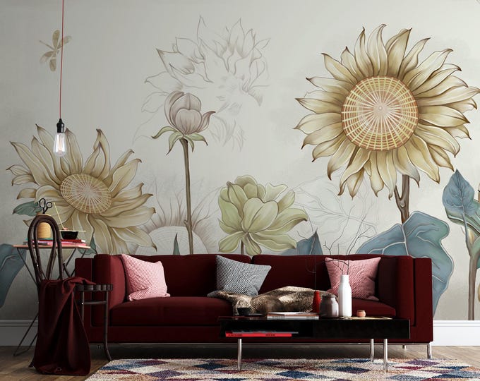 Sunflower Lotus Peel and Stick Wallpaper: Modern Farmhouse Floral Wall Art