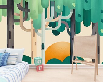 Forest Wall Mural: Geometric Trees, Peel and Stick Wallpaper