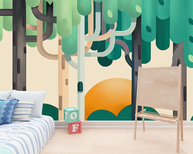 Forest Wall Mural: Geometric Trees, Peel and Stick Wallpaper