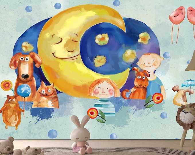 Featured listing image: Watercolor Mural, Nursery Wall Decor, Cartoon Mural, Girls Wall Decals, Kids Wall Decal, Blue Wall Decal, Puppy Theme Mural