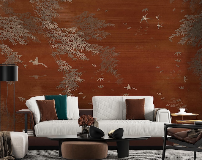 Oriental Bamboo Bird Mural: Traditional Ink Painting Peel and Stick Wallpaper
