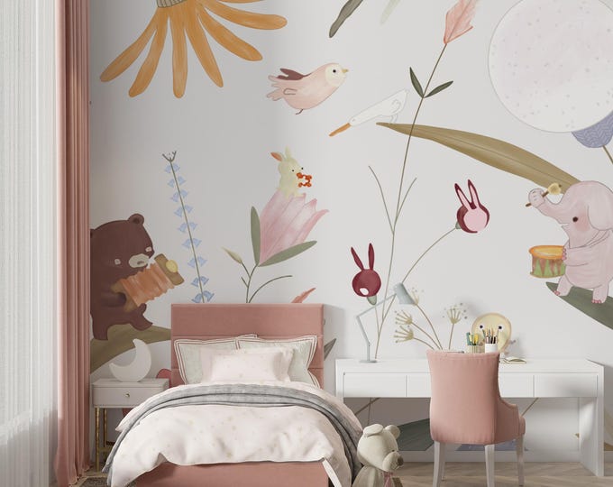 Whimsical Animal Band Wallpaper Mural: Pastel Floral Garden Decor