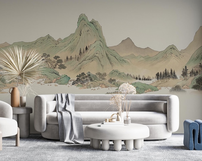 Vintage Chinoiserie Peel and Stick Wallpaper: Mountain Wall Mural, Oriental Decor