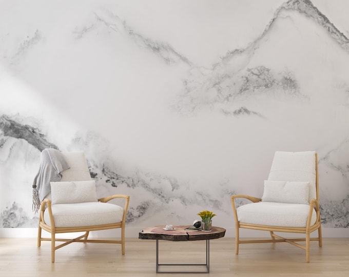 Marble Mountain Mural Wallpaper: Calming Monochrome Landscape
