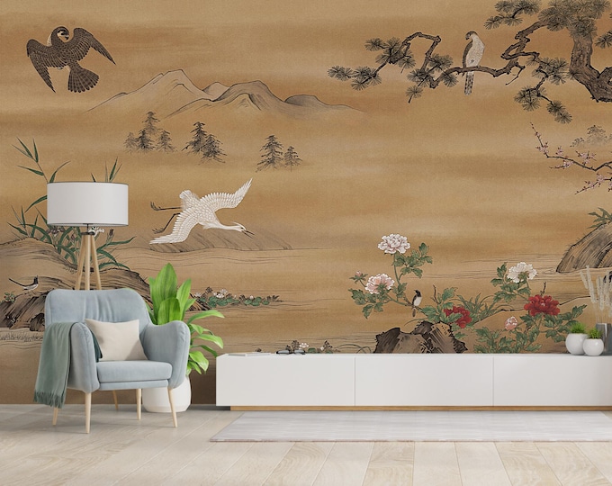 Chinoiserie Peel and Stick Wallpaper: Vintage Chinese Landscape Mural