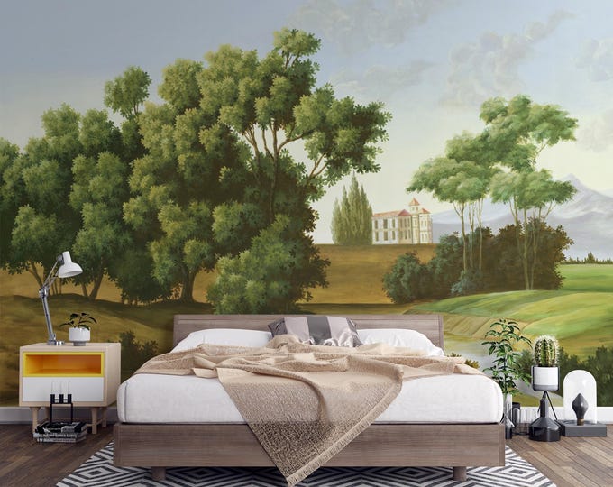 Scenic Landscape Wall Mural: Trees, Stream, Country Estate