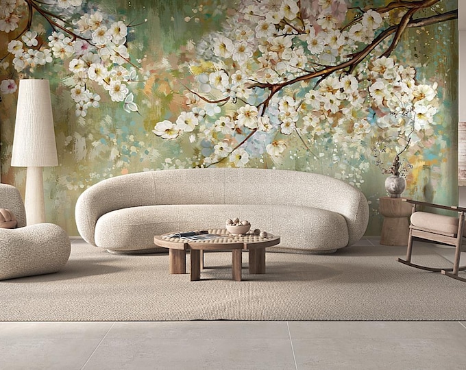 Featured listing image: Floral Blossom Removable Wall Mural, peel and stick, Ideal for Bedroom/Living Room, Chinoiserie Mural, Abstract Mural, Floral Wallpaper