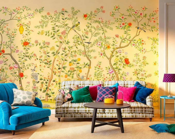 Vintage Chinoiserie Mural: Floral Bird Peel and Stick Wallpaper