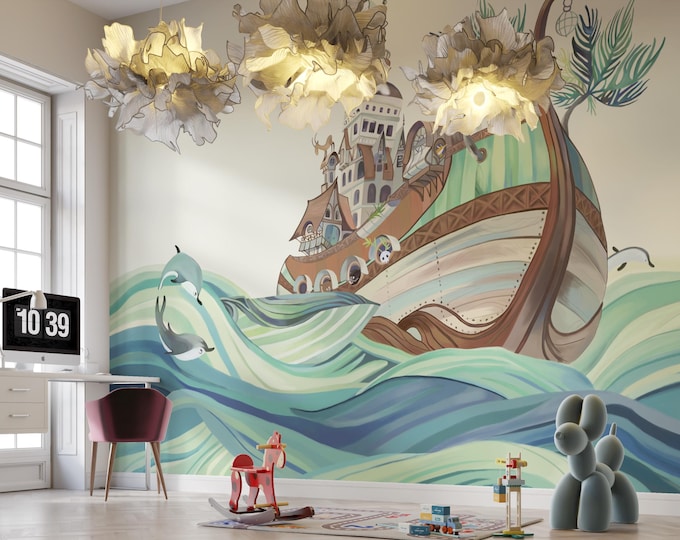 Nautical Ship Wallpaper Mural: Fantasy Ocean Kids Room Decor