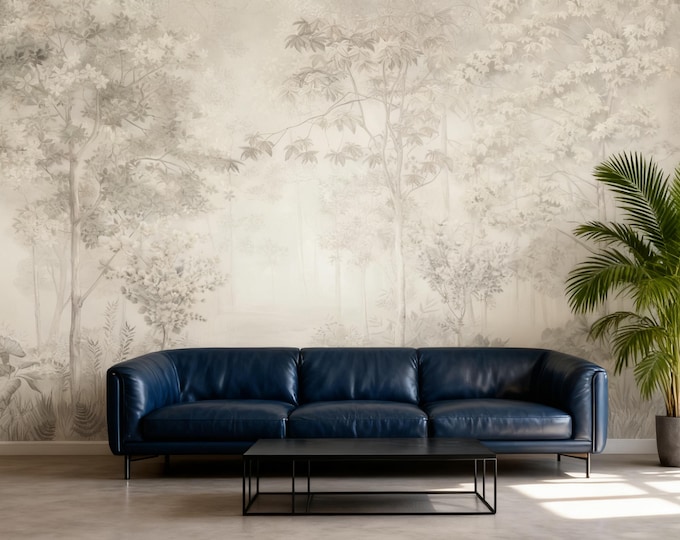 Neutral Misty Forest Wallpaper Mural, Vintage Woodland Peel and Stick