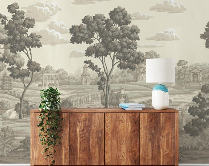 Monochromatic European Garden Mural: Vintage Black and White Wall Art