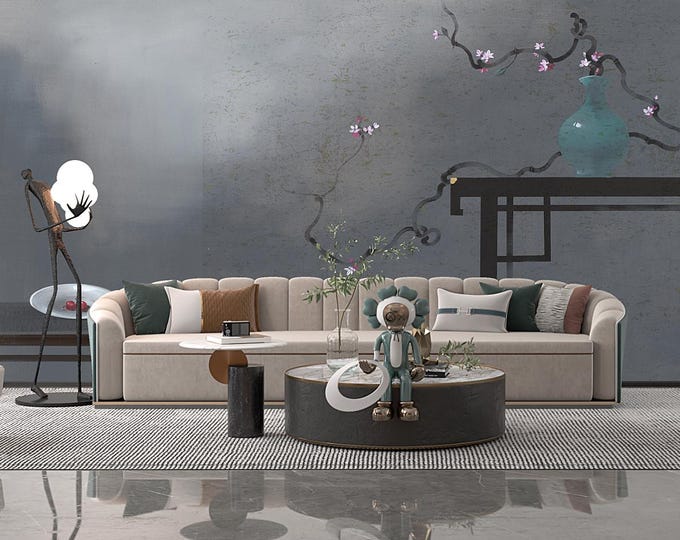 Featured listing image: Black Wall Decor, Dark Wall Art, Minimalist Wallpaper, Chinoiserie Wallpaper, Modern Wallpaper, Wall Art