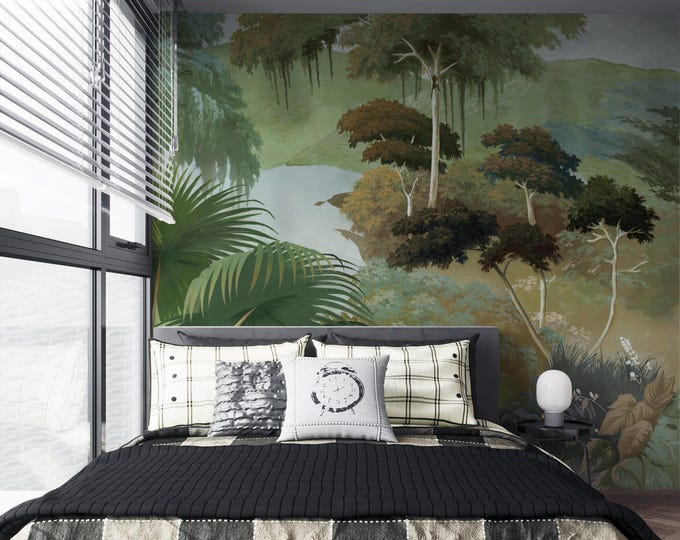 Tropical Forest Mural: Monkey, Mountains, Waterbody - Peel & Stick Wallpaper