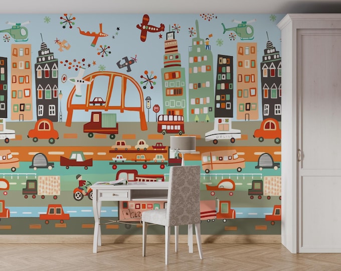 Abstract Cityscape Wall Mural: Modern Urban Decor, Vibrant Colors