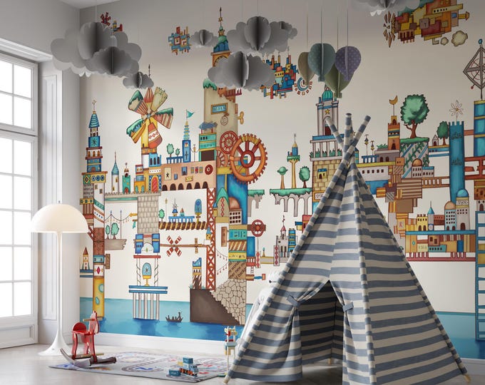 Whimsical Steampunk City Wallpaper,Fantasy Architecture Wall Decor,Colorful Whimsical Mural,Unique Kids Room Accent,Imaginative Playroom Art
