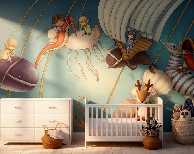 Whimsical Sky Adventure Mural: Fantasy Flying Animals Kids Room Decor