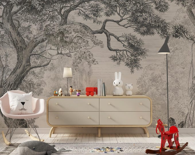 Grayscale Forest Mural: Deer, Waterfall, Trees - Removable Wallpaper