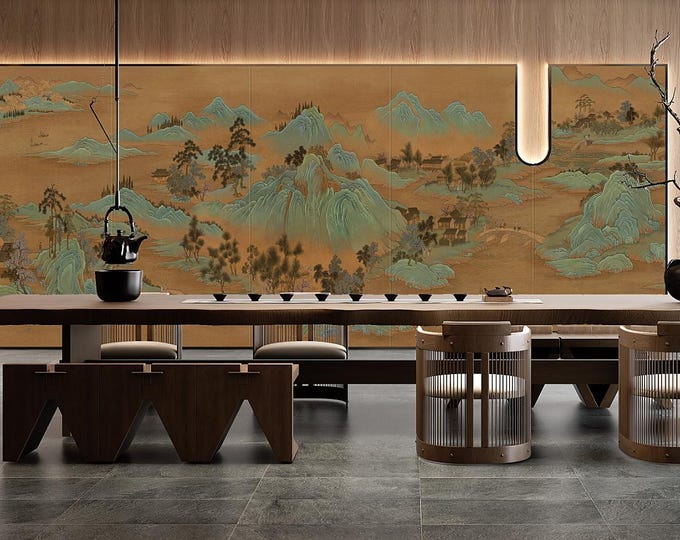 Vintage Chinoiserie Mural: Turquoise Landscape Peel & Stick Wallpaper