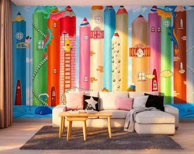 Pencil City Wallpaper Mural: Kids Room Decor, Playful Animals