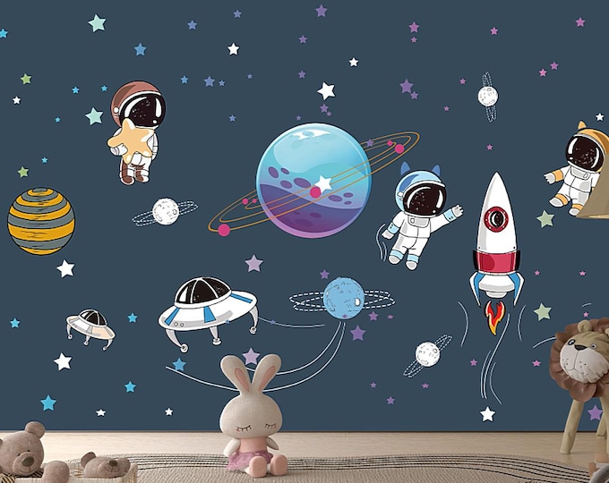 Cartoon Space Adventure Wall Mural: Kids Room Removable Wallpaper