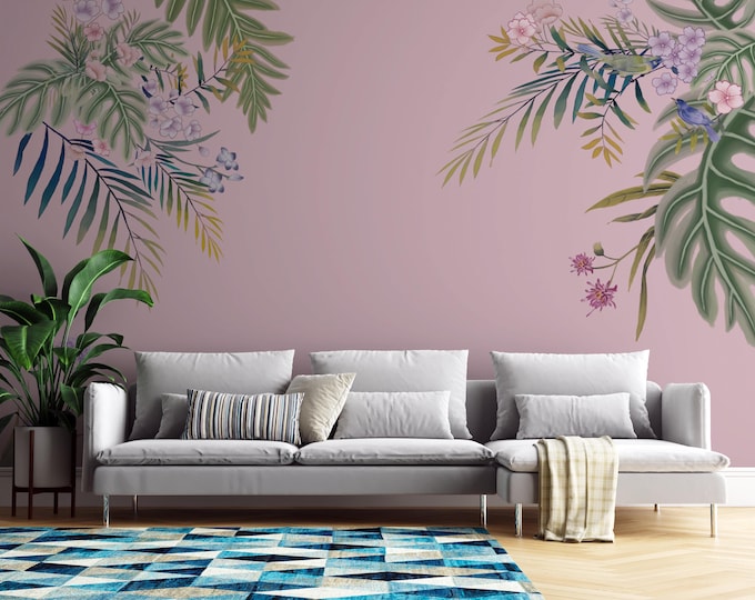 Pink Floral Peel and Stick Wallpaper: Botanical Living Room Decor
