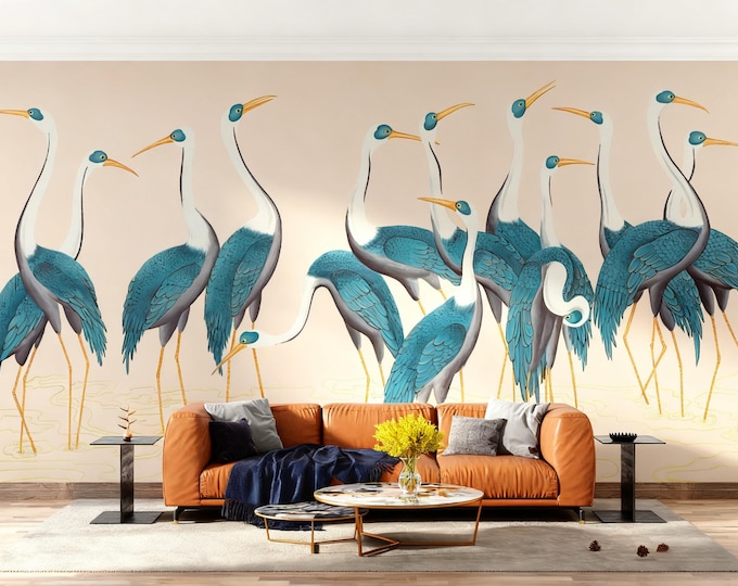Crane Wall Mural: Elegant Bird Art - Peel and Stick Wallpaper