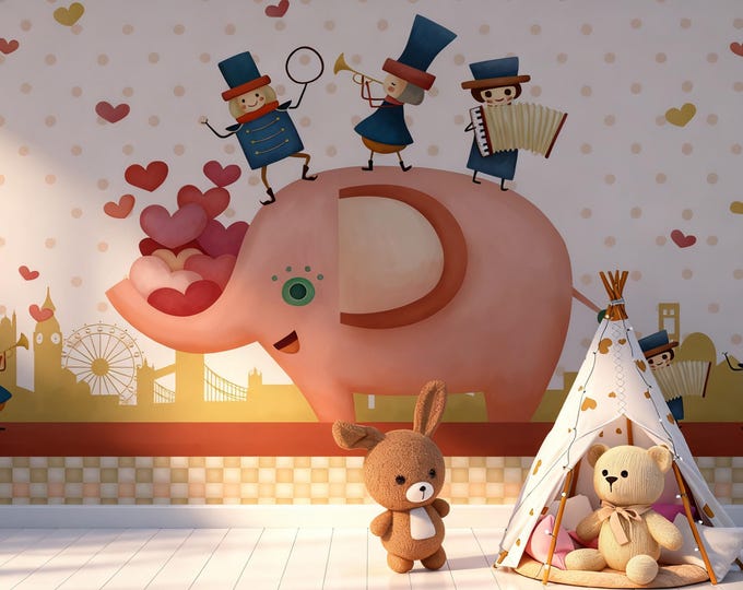 Pink Elephant Nursery Wall Art: Musical Animals Canvas Print