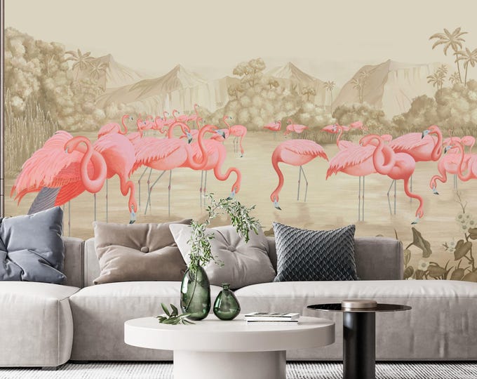 Flamingo Palm Tree Wallpaper Mural: Vintage Wetland Peel and Stick Wall Art