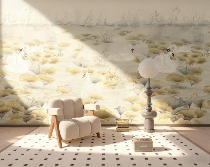 Swan and Lotus Lake Wallpaper Mural: Traditional Asian Wall Art