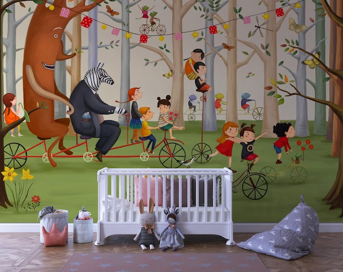 Whimsical Forest Adventure Canvas Print: Kids & Animals Biking